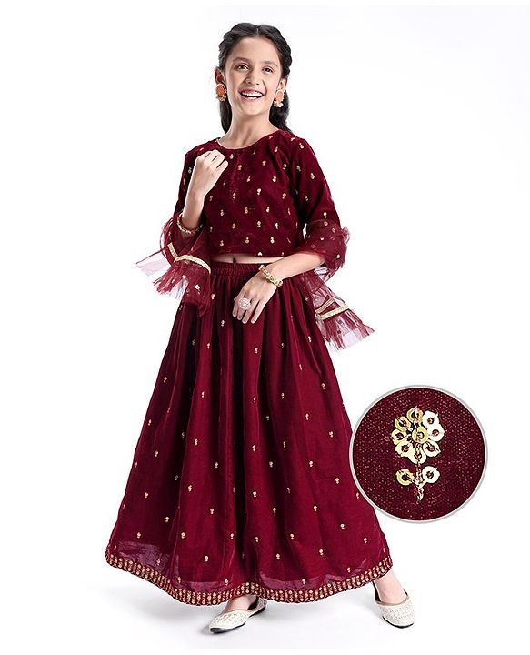 Pine Kids Woven Three Fourth Sleeves Lehenga Choli Set All Over Embroidered - Maroon