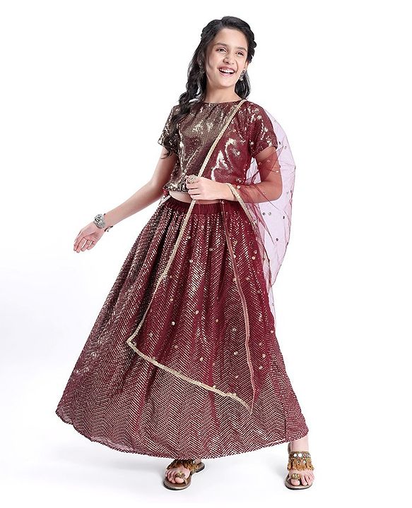 Pine Kids Half Sleeves Sequined Choli and Lehenga with Lace Border Dupatta - Maroon