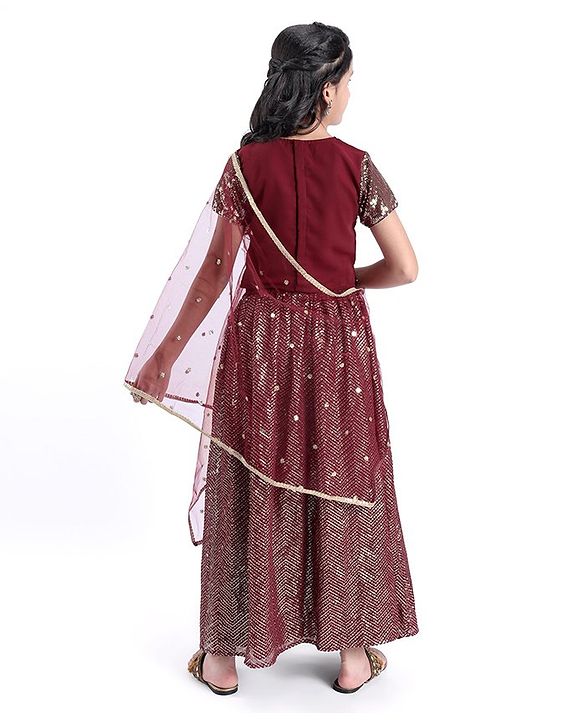 Pine Kids Half Sleeves Sequined Choli and Lehenga with Lace Border Dupatta - Maroon