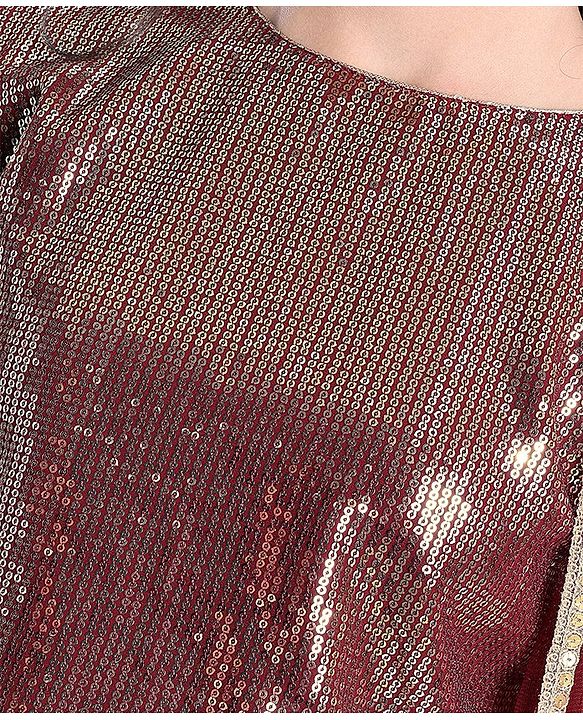 Pine Kids Half Sleeves Sequined Choli and Lehenga with Lace Border Dupatta - Maroon