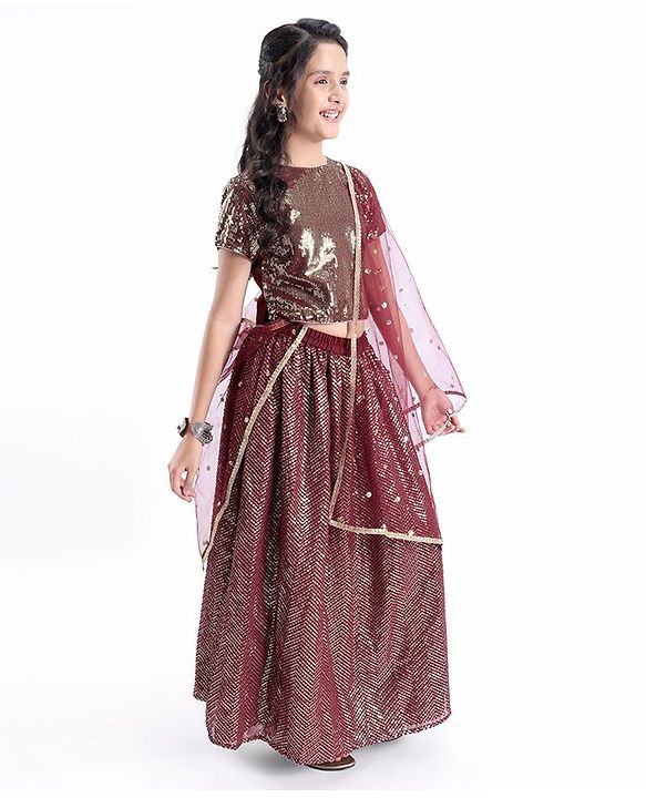 Pine Kids Half Sleeves Sequined Choli and Lehenga with Lace Border Dupatta - Maroon