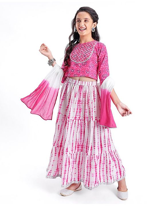 Pine Kids Cotton Three Fourth Sleeves Printed Choli & Tie Dye Lehenga Set- Pink