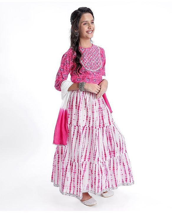 Pine Kids Cotton Three Fourth Sleeves Printed Choli & Tie Dye Lehenga Set- Pink