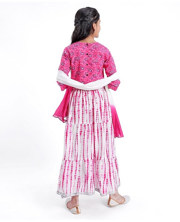 Pine Kids Cotton Three Fourth Sleeves Printed Choli & Tie Dye Lehenga Set- Pink