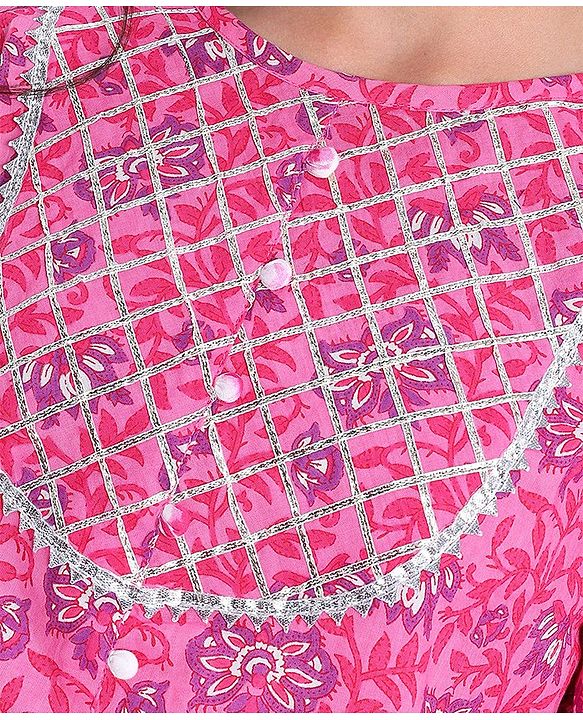 Pine Kids Cotton Three Fourth Sleeves Printed Choli & Tie Dye Lehenga Set- Pink