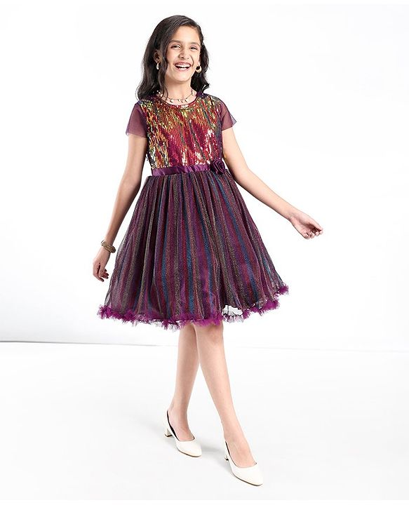 Pine Kids Half Sleeves Party Wear Frock with Sequin Detailing  - Wine