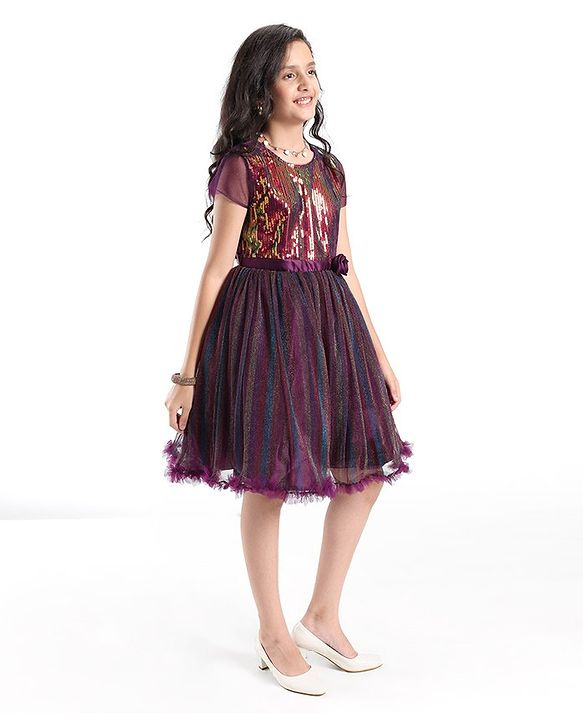 Pine Kids Half Sleeves Party Wear Frock with Sequin Detailing  - Wine