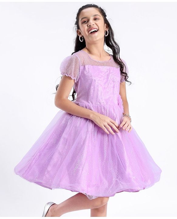 Pine Kids Half Sleeves Party Dress with Floral Applique & Glitter Print - Lilac