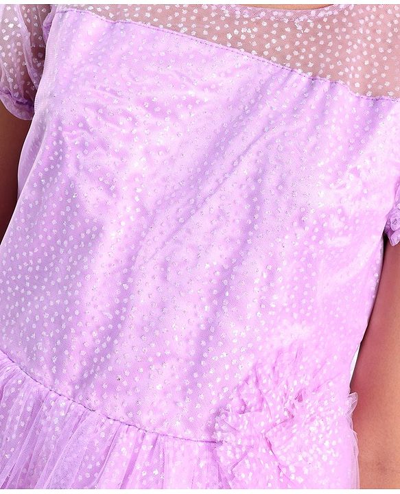 Pine Kids Half Sleeves Party Dress with Floral Applique & Glitter Print - Lilac