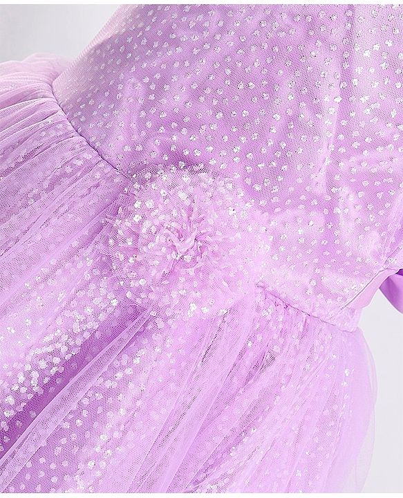 Pine Kids Half Sleeves Party Dress with Floral Applique & Glitter Print - Lilac