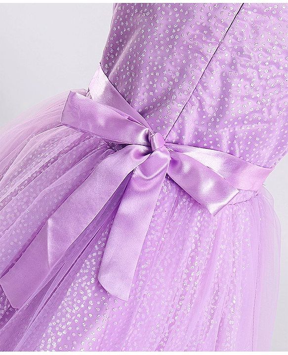 Pine Kids Half Sleeves Party Dress with Floral Applique & Glitter Print - Lilac