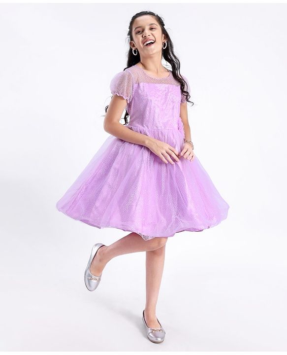 Pine Kids Half Sleeves Party Dress with Floral Applique & Glitter Print - Lilac