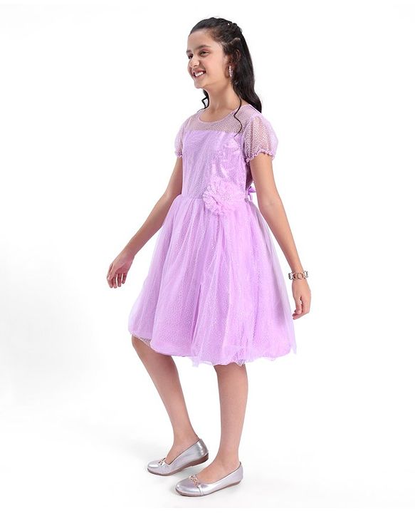Pine Kids Half Sleeves Party Dress with Floral Applique & Glitter Print - Lilac