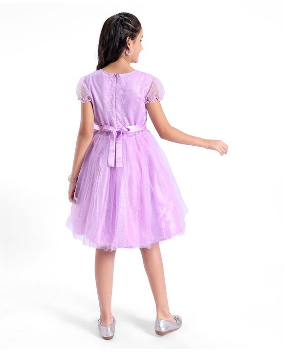 Pine Kids Half Sleeves Party Dress with Floral Applique & Glitter Print - Lilac