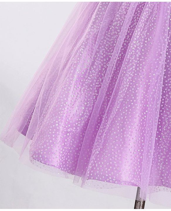 Pine Kids Half Sleeves Party Dress with Floral Applique & Glitter Print - Lilac