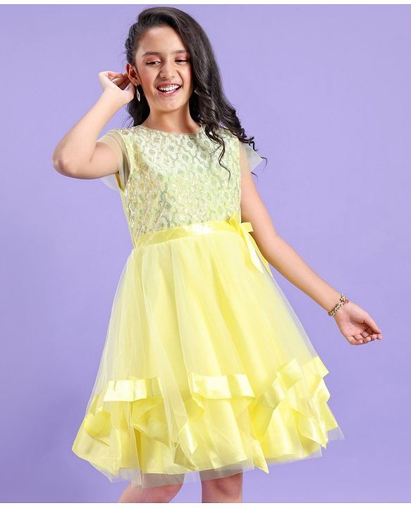 Pine Kids Half Sleeves Partywear Dress with Bow Applique & Sequin  Detailing - Yellow
