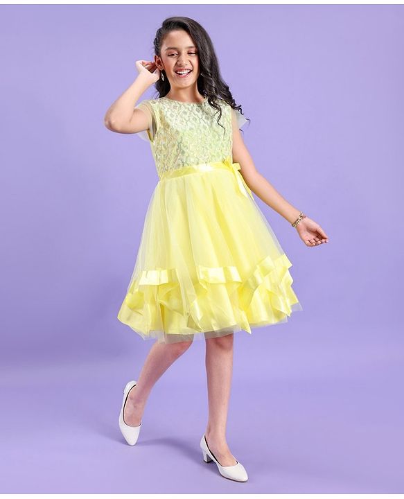 Pine Kids Half Sleeves Partywear Dress with Bow Applique & Sequin  Detailing - Yellow
