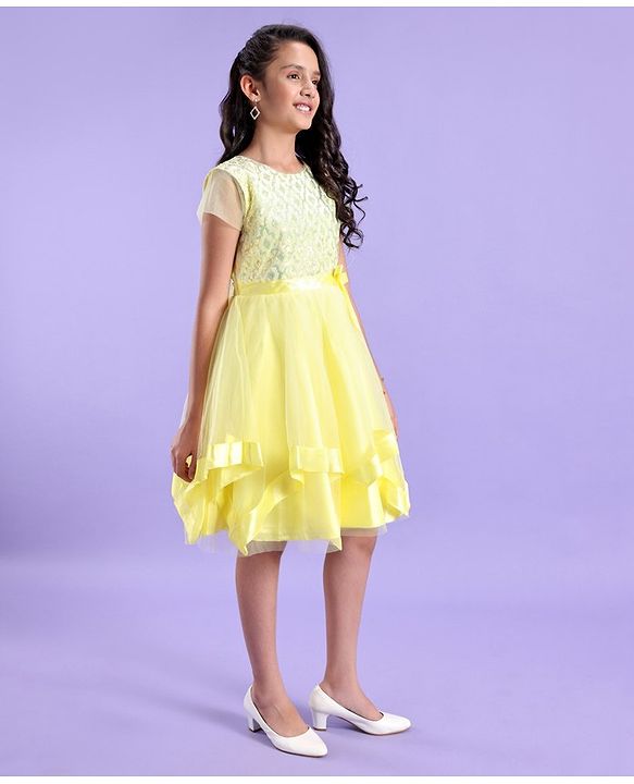 Pine Kids Half Sleeves Partywear Dress with Bow Applique & Sequin  Detailing - Yellow