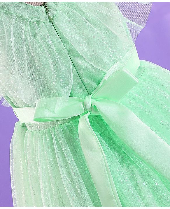 Pine Kids Cap Sleeves Glitter Printed Partywear Dress- Mint