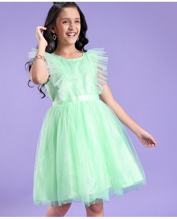 Pine Kids Cap Sleeves Glitter Printed Partywear Dress- Mint