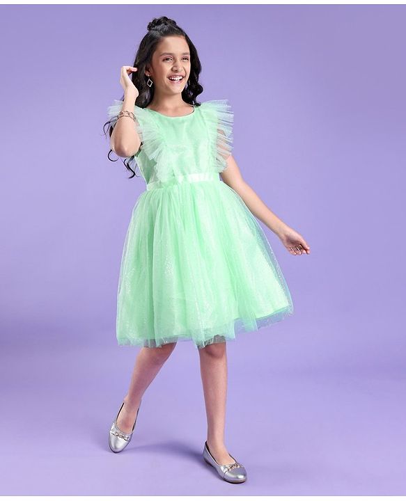 Pine Kids Cap Sleeves Glitter Printed Partywear Dress- Mint
