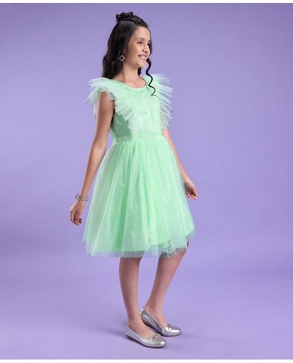 Pine Kids Cap Sleeves Glitter Printed Partywear Dress- Mint