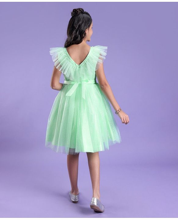 Pine Kids Cap Sleeves Glitter Printed Partywear Dress- Mint