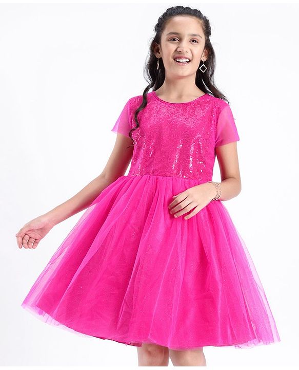 Pine Kids Half Sleeves Sequin Knee Length Party Wear Dress- Hot Pink