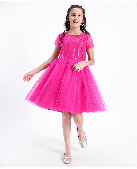 Pine Kids Half Sleeves Sequin Knee Length Party Wear Dress- Hot Pink