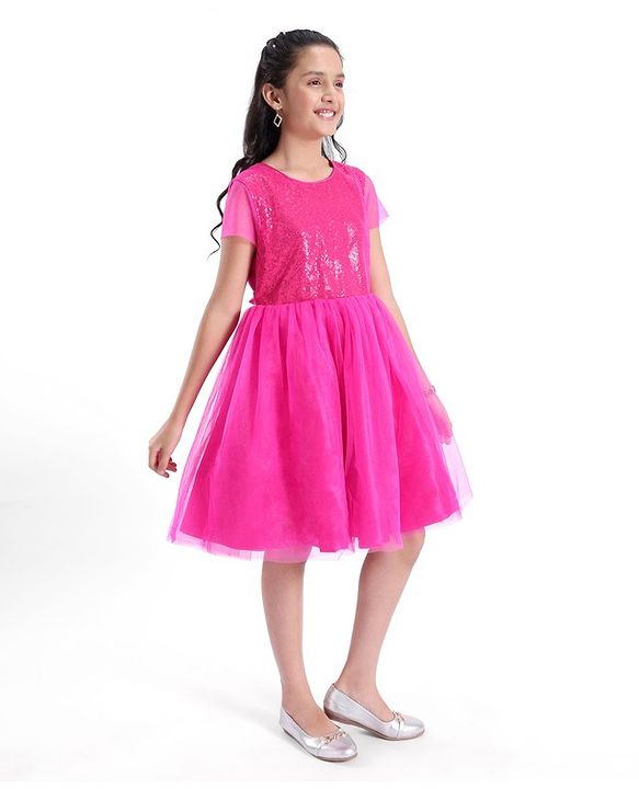 Pine Kids Half Sleeves Sequin Knee Length Party Wear Dress- Hot Pink