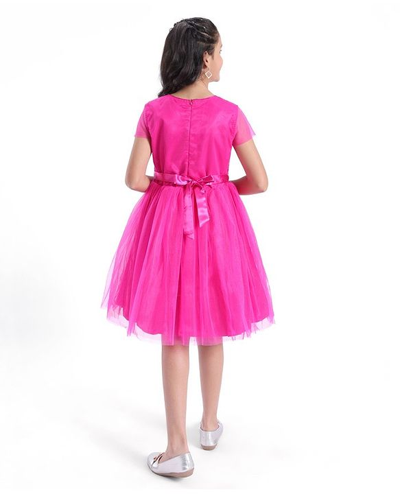 Pine Kids Half Sleeves Sequin Knee Length Party Wear Dress- Hot Pink