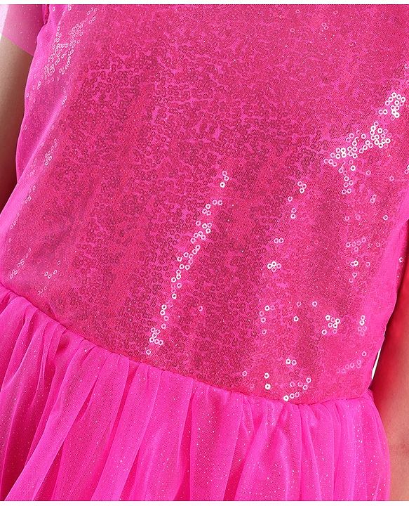 Pine Kids Half Sleeves Sequin Knee Length Party Wear Dress- Hot Pink