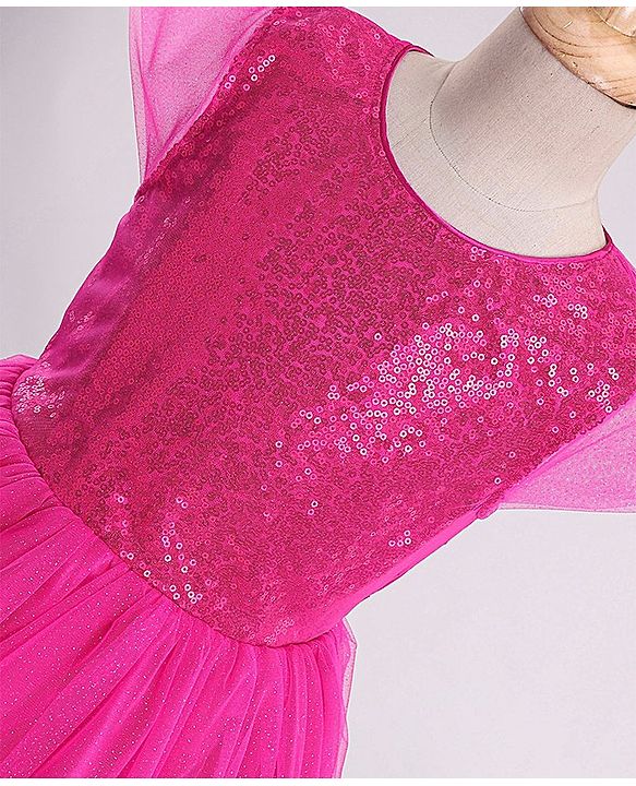 Pine Kids Half Sleeves Sequin Knee Length Party Wear Dress- Hot Pink