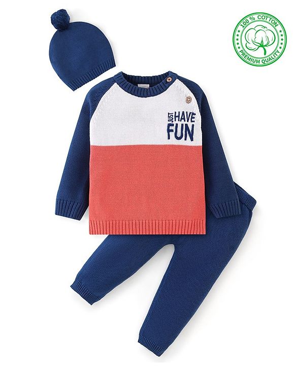 Babyhug Full Sleeves Sweater Set with Cap Colour Block & Text Design - Multicolour