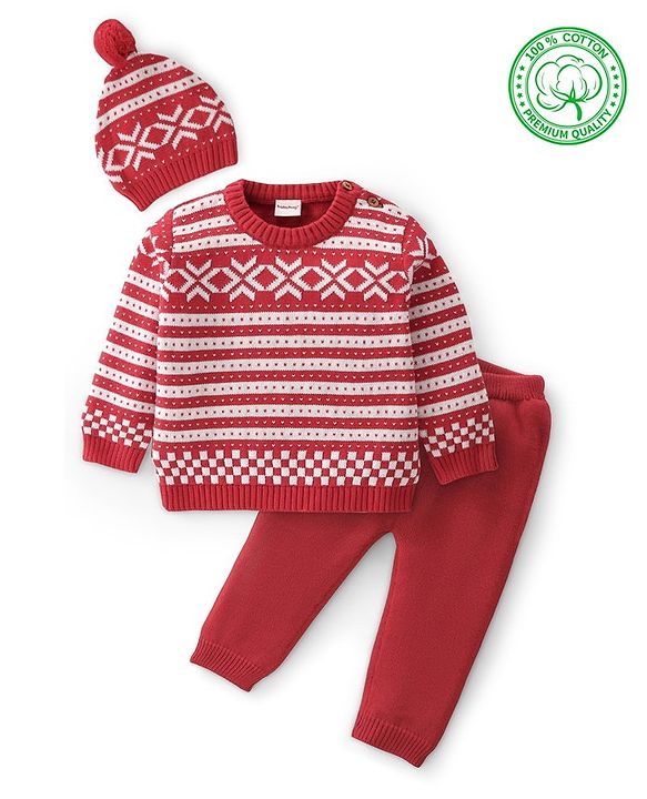 Babyhug Cotton Knit Full Sleeves Sweater Set With Cap - Red