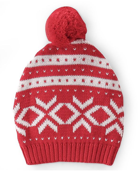 Babyhug Cotton Knit Full Sleeves Sweater Set With Cap - Red