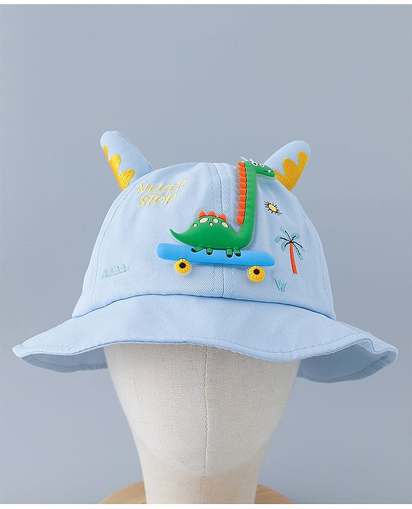 Babyhug Cotton Bucket Hat with Dinosaur Applique Blue - Diameter 16 cm