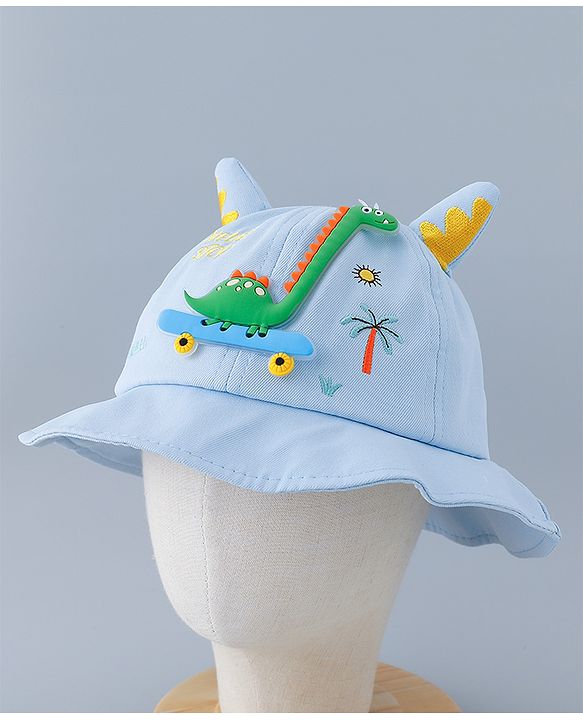 Babyhug Cotton Bucket Hat with Dinosaur Applique Blue - Diameter 16 cm