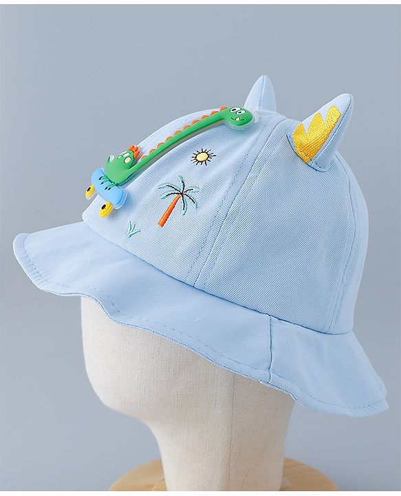 Babyhug Cotton Bucket Hat with Dinosaur Applique Blue - Diameter 16 cm