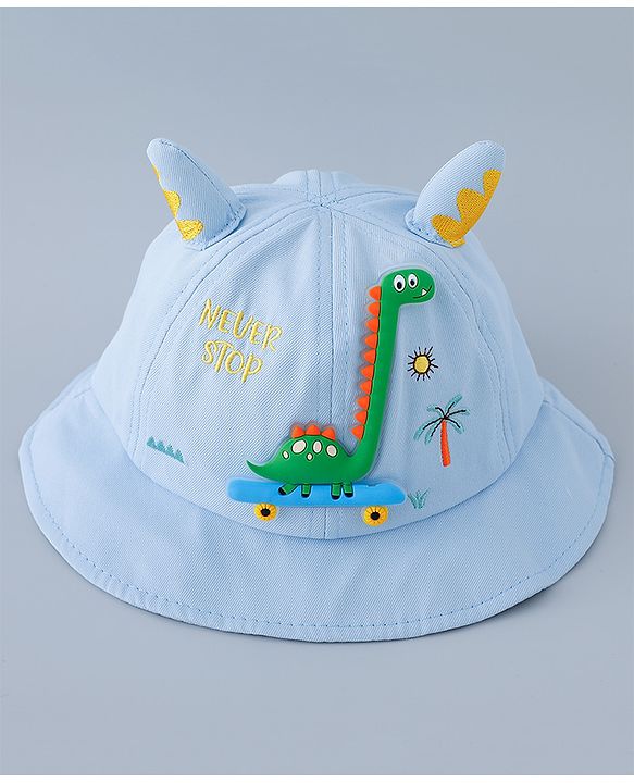 Babyhug Cotton Bucket Hat with Dinosaur Applique Blue - Diameter 16 cm