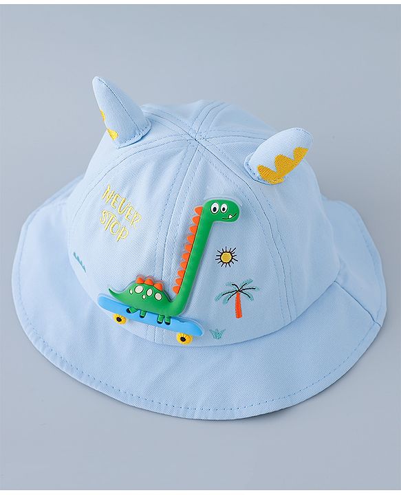 Babyhug Cotton Bucket Hat with Dinosaur Applique Blue - Diameter 16 cm