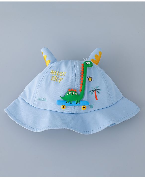 Babyhug Cotton Bucket Hat with Dinosaur Applique Blue - Diameter 16 cm