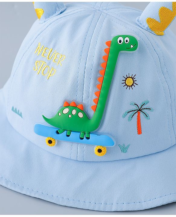 Babyhug Cotton Bucket Hat with Dinosaur Applique Blue - Diameter 16 cm