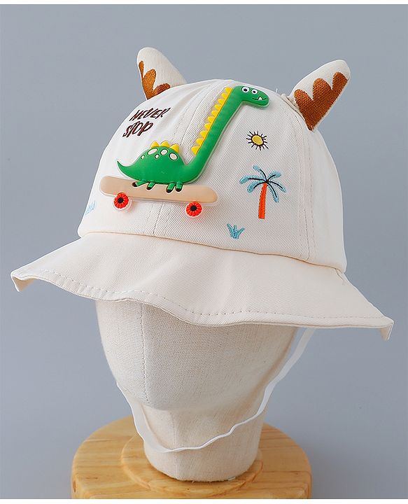 Babyhug Cotton Bucket Hat with Dinosaur Applique Cream - Diameter 16 cm