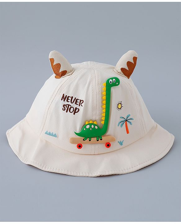 Babyhug Cotton Bucket Hat with Dinosaur Applique Cream - Diameter 16 cm