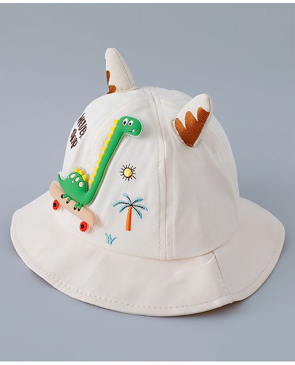 Babyhug Cotton Bucket Hat with Dinosaur Applique Cream - Diameter 16 cm