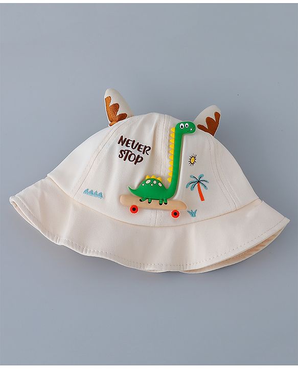 Babyhug Cotton Bucket Hat with Dinosaur Applique Cream - Diameter 16 cm