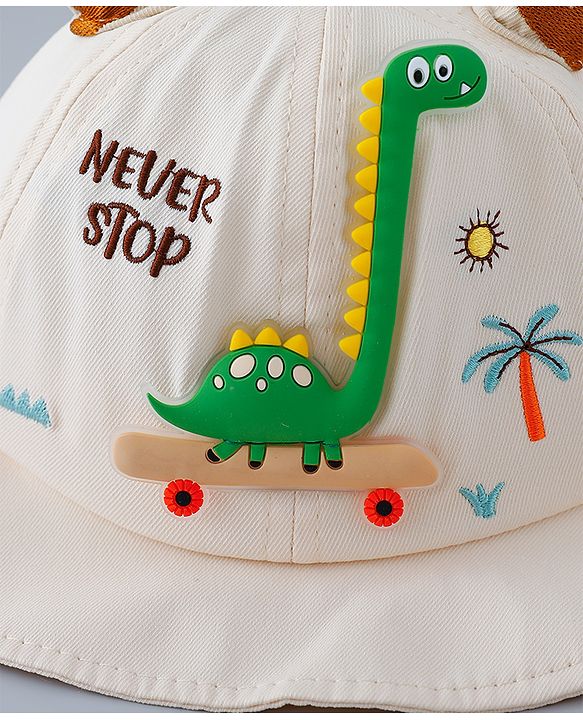 Babyhug Cotton Bucket Hat with Dinosaur Applique Cream - Diameter 16 cm