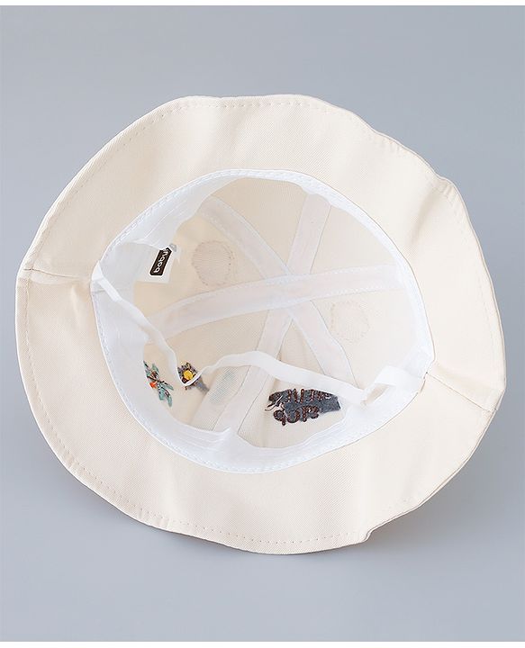 Babyhug Cotton Bucket Hat with Dinosaur Applique Cream - Diameter 16 cm