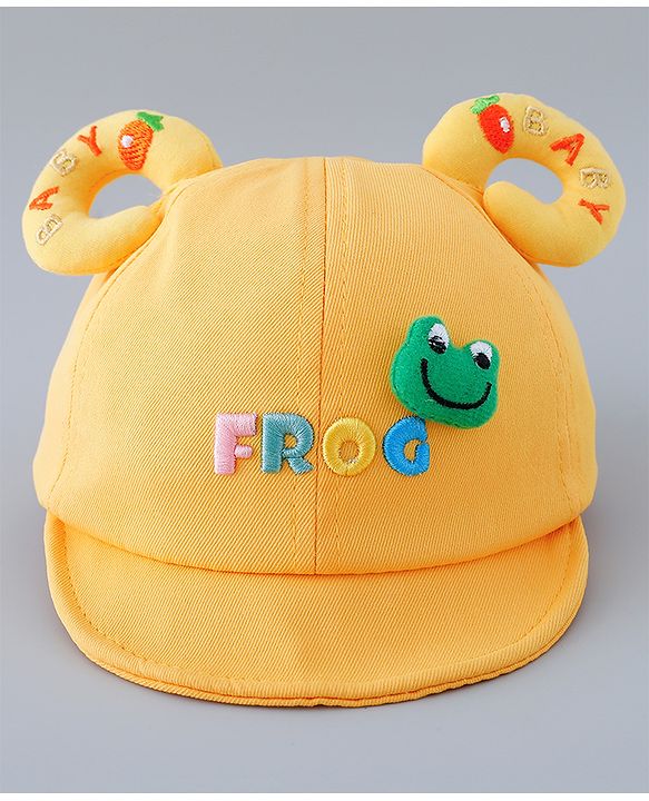 Babyhug Cotton Baseball Cap With Frog Applique - Yellow